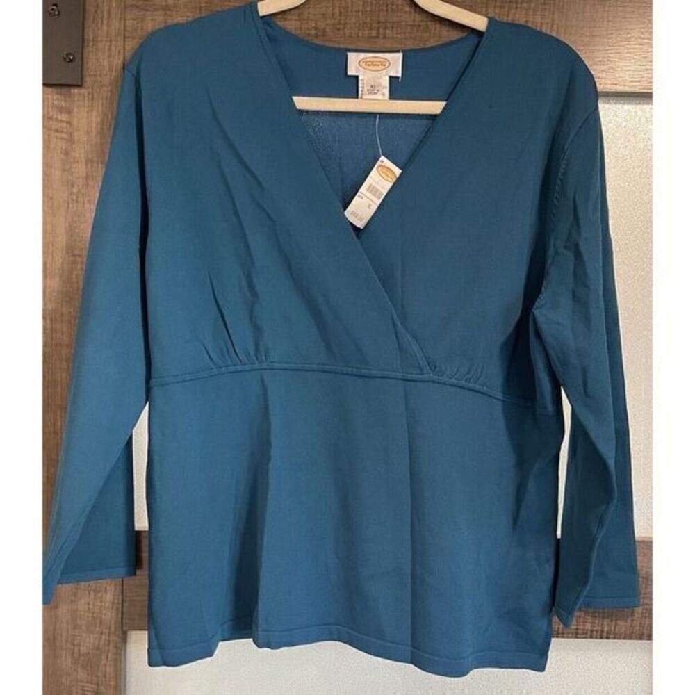 Talbots XL Peacock Blue Faux Wrap Long Sleeve Pullover Stretchy Blouse NWT